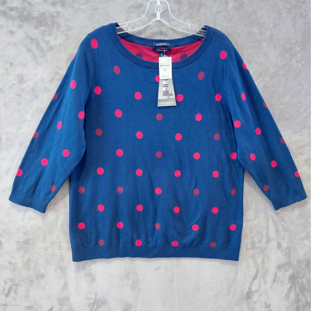 NEW Lands' End Lighthouse Supima Cotton Sweater Women's XL Polka Dot Navy Red
